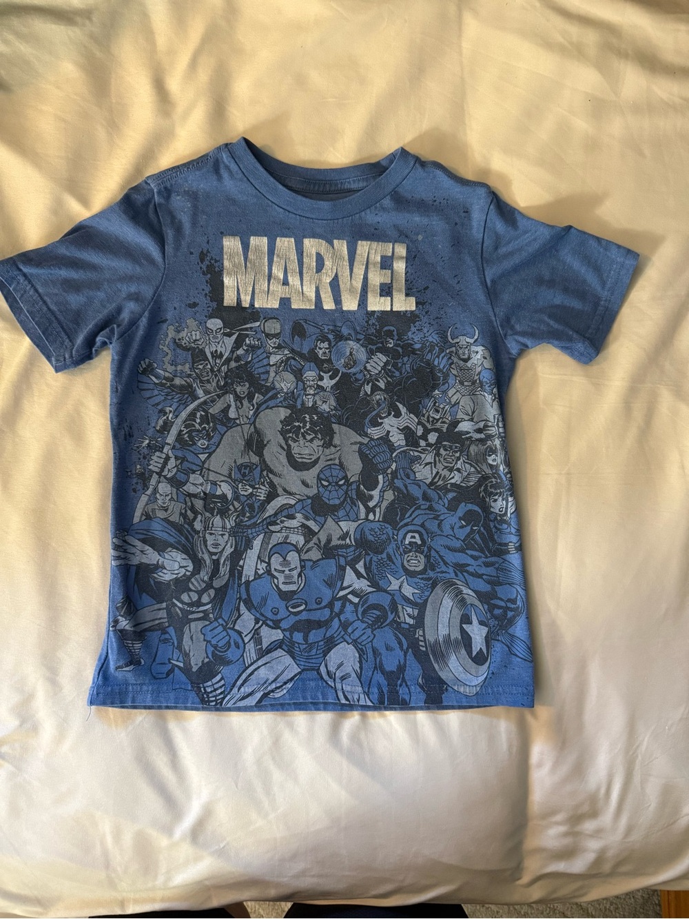 Marvel Blue Short Sleeve Kids Tee with Superhero Collage